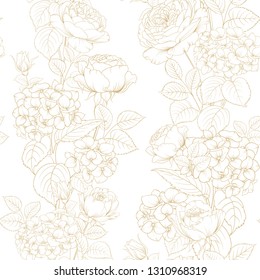 Seamless pattern of rose flower for fabric design. Luxurious line art of spring flowers. Vector illustration.
