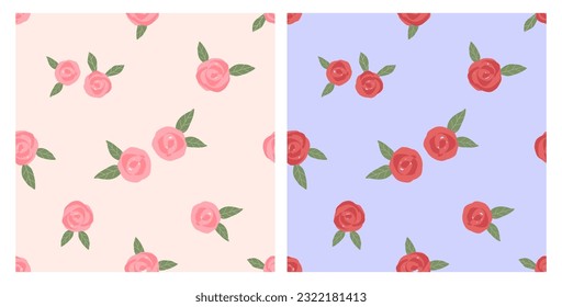 Seamless pattern of rose flower with green leaves on peach and purple colors backgrounds vector illustration. Cute floral print.