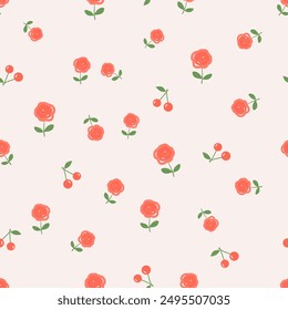 Seamless pattern of rose flower with green leaves and cherry fruit on light pink background vector.