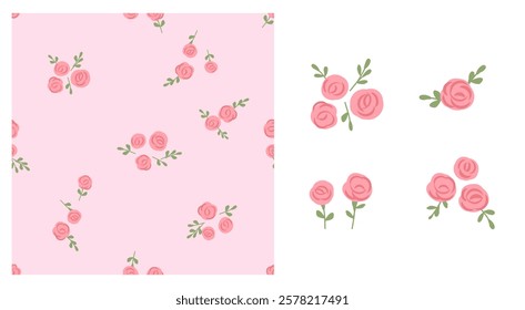 Seamless pattern of rose flower with green leaves on pink background. Set of pink rose bouquet isolated on white background vector.