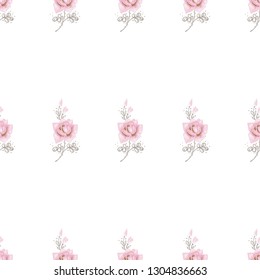 Seamless pattern with rose flower. Hand drawn vector sketch for decoration ballet dance school promo ads and flyers. Pinky vintage watercolor flowers on white background.