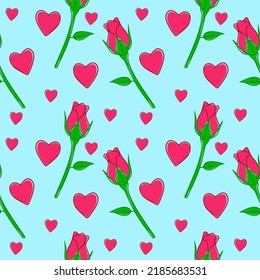 Seamless pattern Rose flower and hearts in pink. Rose and heart seamless pattern on a blue background. Lovely vector illustration