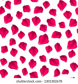 Seamless pattern of rose flower petals. Falling red rose petals on white background. Vector illustration suitable for valentines day design, wedding design, birthday