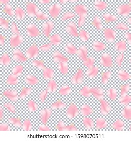 Seamless pattern of rose flower petals. Falling pink rose petals on transparent background. Vector illustration suitable for valentines day design, wedding design, birthday