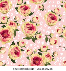 Seamless pattern of rose flower vector design in yellow and pink colors on pink and white leopard skin background.