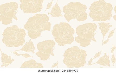 Seamless Pattern with rose flowers in beige vintage style. Gentle pastel color floral wallpaper for scrapbooking, invitations, package design, fabric print. Holiday botanical background. 