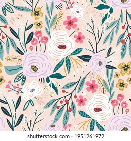 Seamless pattern with rose flowers, berries and leaves. Creative hight detailed floral texture. Great for fabric, textile Vector Illustration