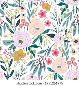 Seamless pattern with rose flowers, berries and leaves. Creative hight detailed floral texture. Great for fabric, textile Vector Illustration