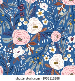 Seamless pattern with rose flowers, berries and leaves. Creative hight detailed floral texture. Great for fabric, textile Vector Illustration