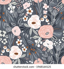 Patrón sin foco con flores de rosa, bayas y hojas. Patrón floral creativo y detallado. Excelente para tela, vectores textiles Ilustración