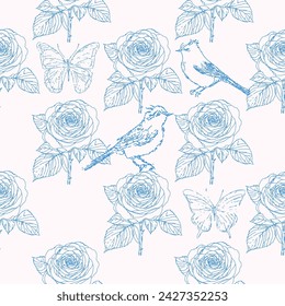 Seamless pattern. Rose flowers with birds and butterflies. Delicate abstract art, blue navy line sketch on pale. Botanical artistic background.