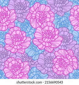Patrón sin foco con flores rosadas azules, azules y rosas. Tema de verano. Estilo retro. Para el diseño de tejidos, papel pintado, fondos, papel de embalaje, scrapbooking. Vector