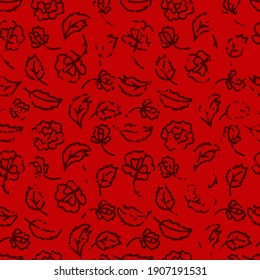 Seamless pattern. Rose, flowers, buds and leaves. Vector patterns. Cartoon. Shabby roses on a scarlet background. For Valentine's Day, Women's Day. Suitable for textiles, packaging.