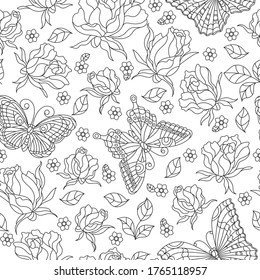 Seamless pattern with rose flowers and butterflies, dark contour flowers and insects on a white background