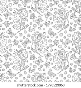 Seamless pattern with rose flowers and butterflies, dark contour flowers and insects on a white background