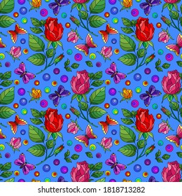 Seamless pattern with rose flowers and butterflies, bright flowers and insects on a blue background