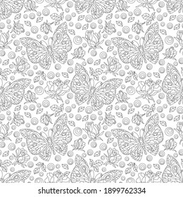 Seamless pattern with rose flowers and butterflies, dark contour flowers and insects on a white background
