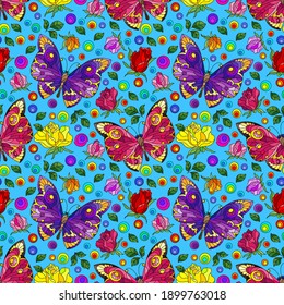 Seamless pattern with rose flowers and butterflies, bright flowers and insects on a blue background