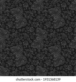Seamless pattern with rose flowers and butterflies, light contour flowers and insects on a dark background