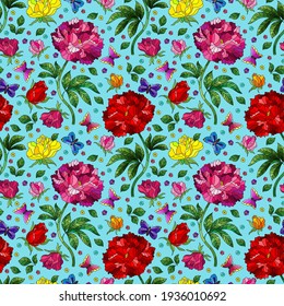 Seamless pattern with rose flowers and butterflies, bright flowers and insects on a blue background