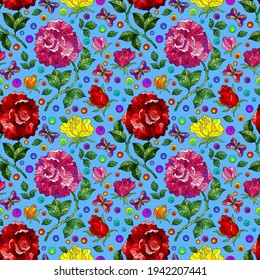Seamless pattern with rose flowers and butterflies, bright flowers and insects on a blue background