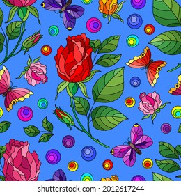 Patrón sin foco con flores rosadas y mariposas, flores e insectos brillantes en un fondo azul