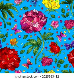 Patrón sin foco con flores rosadas y mariposas, flores e insectos brillantes en un fondo azul