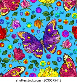 Seamless pattern with rose flowers and butterflies, bright flowers and insects on an blue  background