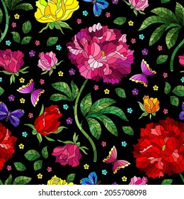 Seamless pattern with rose flowers and butterflies, bright flowers and insects on a blue  background