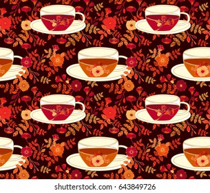Seamless pattern with rose flowers and cups of tea