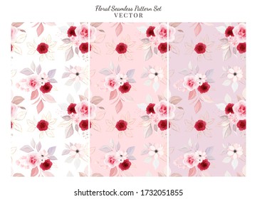 Seamless pattern of rose flowers, gold leaves, branches, bud arrangements vector for fashion, print, textile, fabric, and card background