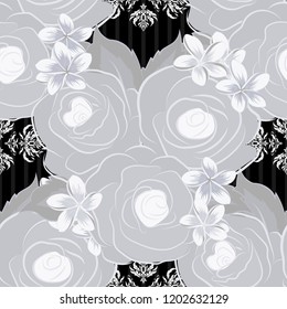 Seamless pattern with rose flowers and green leaves. Seamless abstract floral pattern in black and gray colors. Cute vector background. Geometric leaf ornament. Graphic modern pattern.