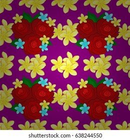 Seamless pattern with rose flowers and green leaves. Graphic modern pattern. Seamless abstract floral pattern on a purple background. Geometric leaf ornament. Cute vector background.