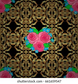 Seamless pattern with rose flowers and green leaves. Seamless abstract floral pattern on a black background.