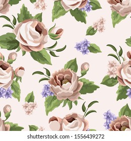 Seamless pattern with rose flowers and leaves. Murticolor floral texture. Realistic filigree fresh spring background.Beautiful wedding print. Floral motifs in realistic style. Idea for textile design.