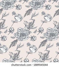 Seamless pattern with  Rose flowers, leaves and buds on a white background. Vector illustration. Vintage botanical illustration. Black and white floral composition.