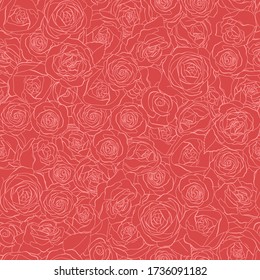 Seamless pattern with rose flowers. Monochrome vector illustration. White outline on a red background.