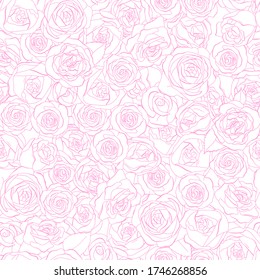 Seamless pattern with rose flowers. Monochrome vector illustration. Pink outline on a white background. Hand-drawn.