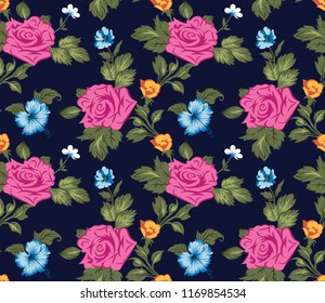 Seamless Pattern With Rose Flowers on navy