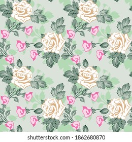 Seamless Pattern With Rose Flowers On green background