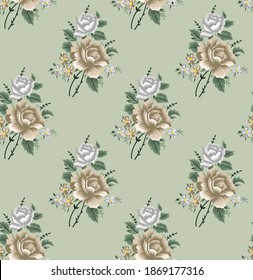 Seamless Pattern With Rose Flowers on green background