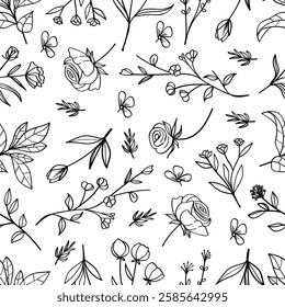 Seamless pattern rose flowers and plants hand-drawn line art isolated on white background .Vector illustration