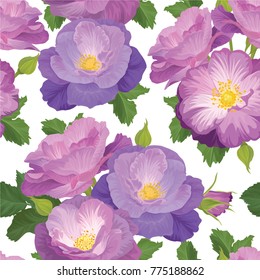 Seamless pattern with rose flowers in purple color and leaf on white background template. Vector set of blooming floral for wedding invitations, greeting card and fashion design.