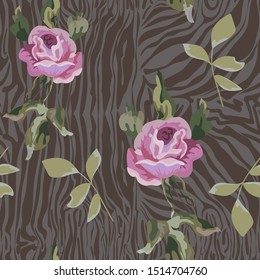 Seamless pattern with rose flowers and stylized zebra stripes.