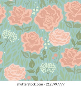 Seamless pattern with rose flowers. Vector graphics.