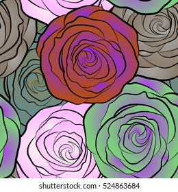 Seamless pattern with rose flowers, vector floral illustration in vintage style.