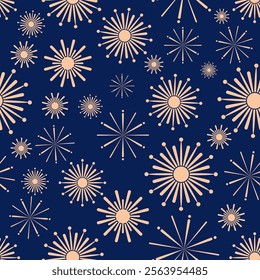 Seamless pattern with rose gold fireworks on a luxurious dark navy-blue background, ideal for festive celebrations, party invitations, or premium packaging - repeating pattern