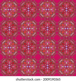 Seamless pattern with rose gold ornament in the neo-Byzantine style on a pink-red background. 