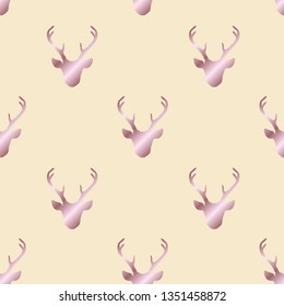 Seamless pattern with rose gold shiny deer heads silhouettes over beige. Vector hipster trendy background. Nature wildlife animal backdrop.