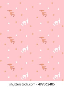 Seamless pattern with rose gold and white polka dots and plants on light rose background